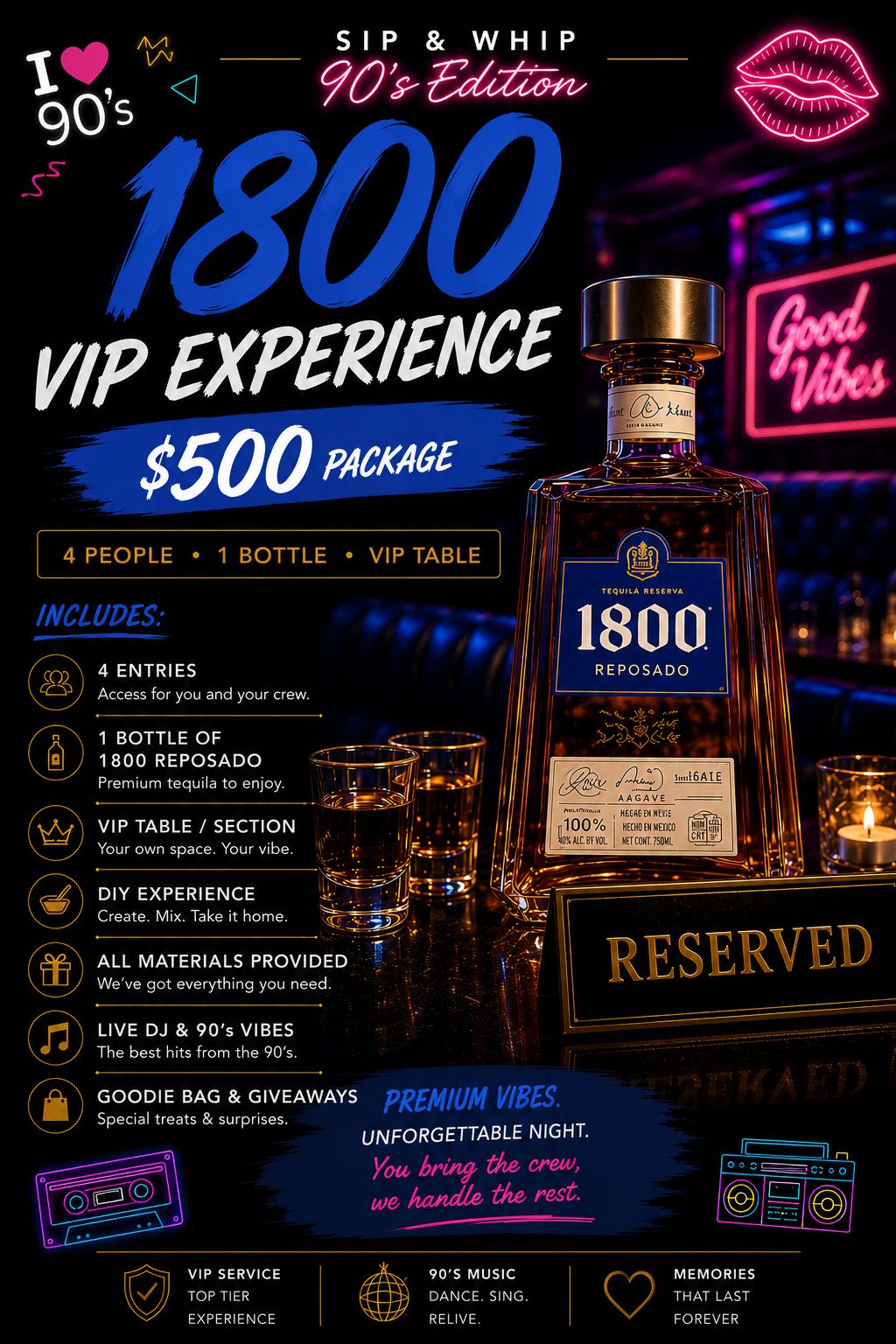 Sip & whip 90’s Edition Event Event 1800 Vip experience 